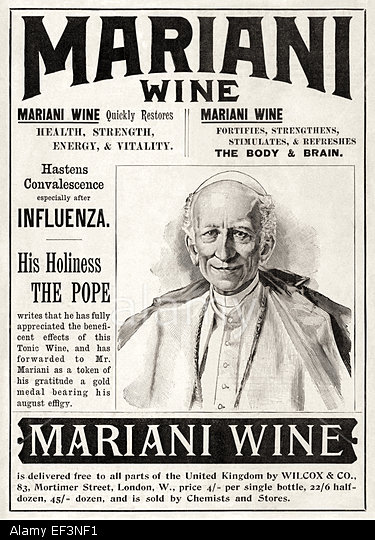EF3NF1 "Mariani Wine" (aka "Vin Mariani") print advertisement featuring the product endorsement of Pope Leo XIII. See description for more information.. Image shot 1899. Exact date unknown.